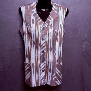 Vtg 70s Western Heritage Womens Top 14 Grey Geometric Sleeveless Button Front